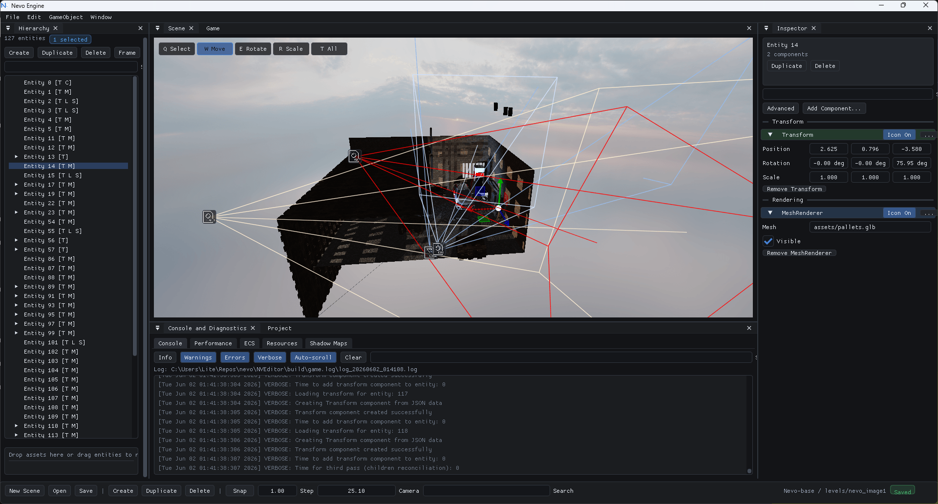 Nevo editor scene viewport showing camera, light, and selection guides
