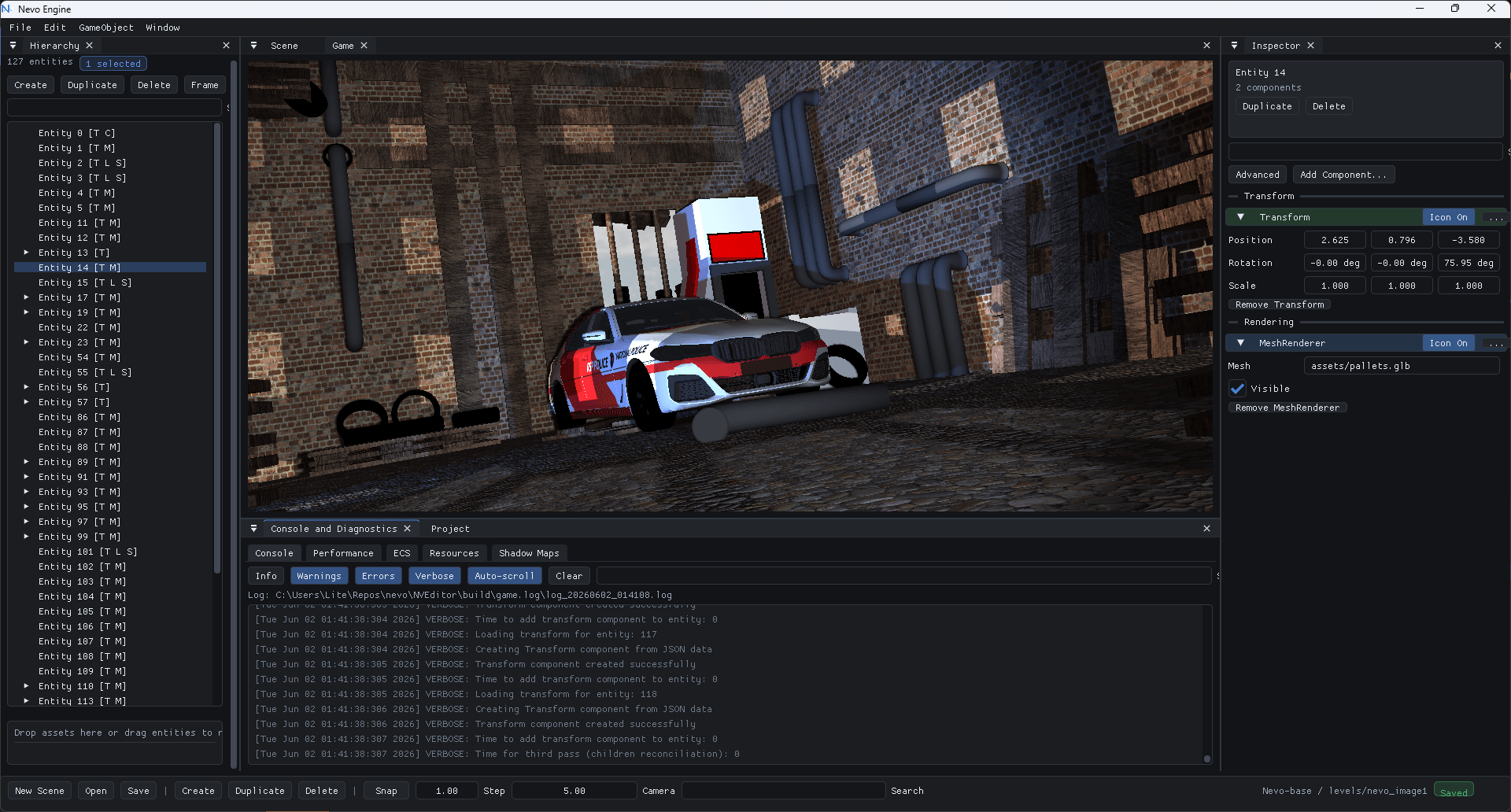 Nevo editor game viewport with scene hierarchy, inspector, and diagnostics panels